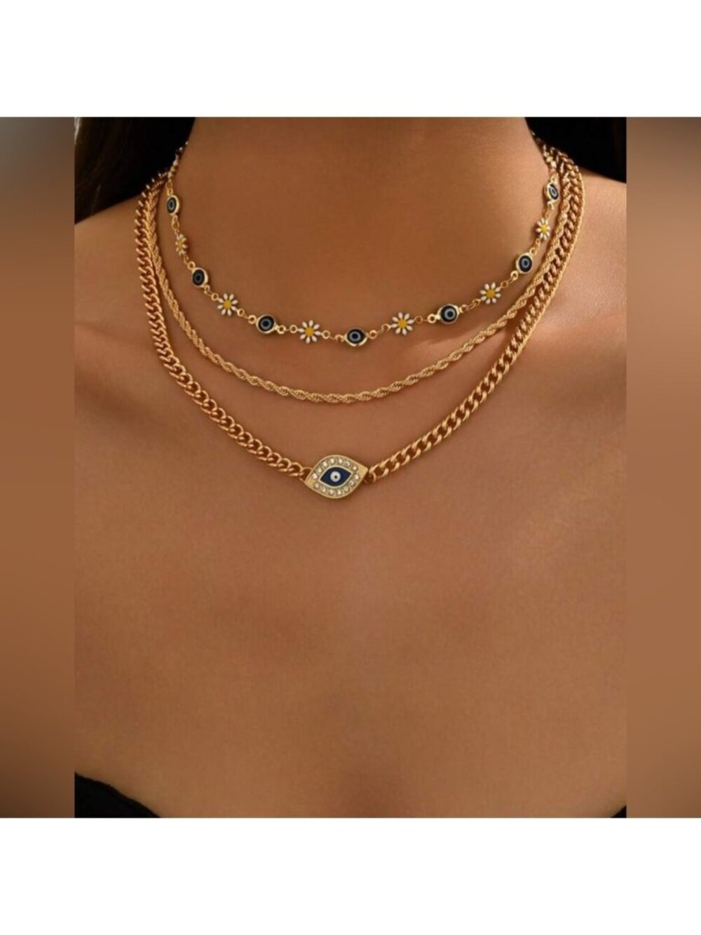 Gold 3 Piece Layered Evil Eye Necklace Set Gold Chain